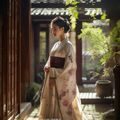 日本主流影视女演员代表人物，身着和服在传统日式庭院中优雅站立，光线柔和，气质典雅